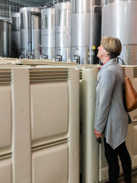 Christine Stimac, Three Feathers Estate owner, looking at the first harvest grapes in fermentation tanks at Ladyhill Winery, Saint Paul, Oregon, USA.