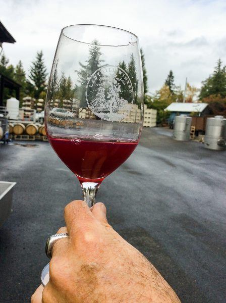 First barrel sample of custom crush 2016 Three Feathers Pinot Noir from barrels at Ladyhill Winery, Willamette Valley, Oregon, USA.