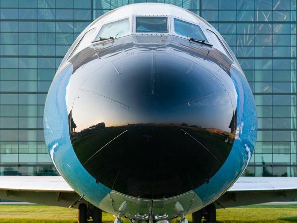 Close-up on the nose of a McDonnell Douglas VC-9C USA Air Force presidential airplane that served chief executives and their staffs from 1975 to 2005, Evergreen Aviation & Space Museum, McMinnville, Oregon.