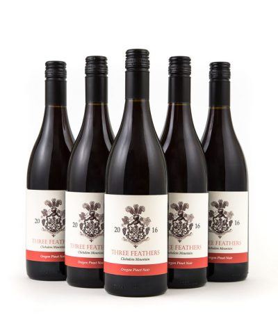 Pinot noir bottles at Three Feathers Vineyards' Chehalem Mountains in Willamette Valley Oregon.