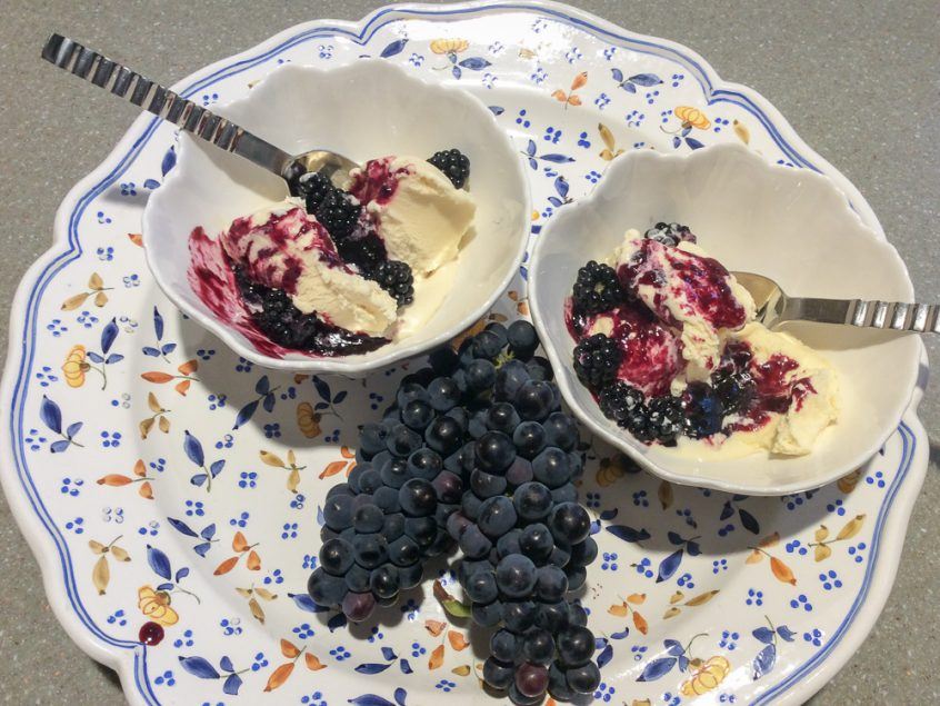 Recipe for Homemade Vanilla Ice Cream with Blackberry Pinot Noir Sauce from Three Feathers Estate & Vineyard.