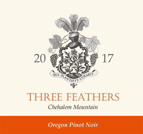 2017 Pinot Noir wine bottle label for Three Feathers Estate & Vineyard, Chehalem Mountain AVA, Willamette Valley, Oregon.