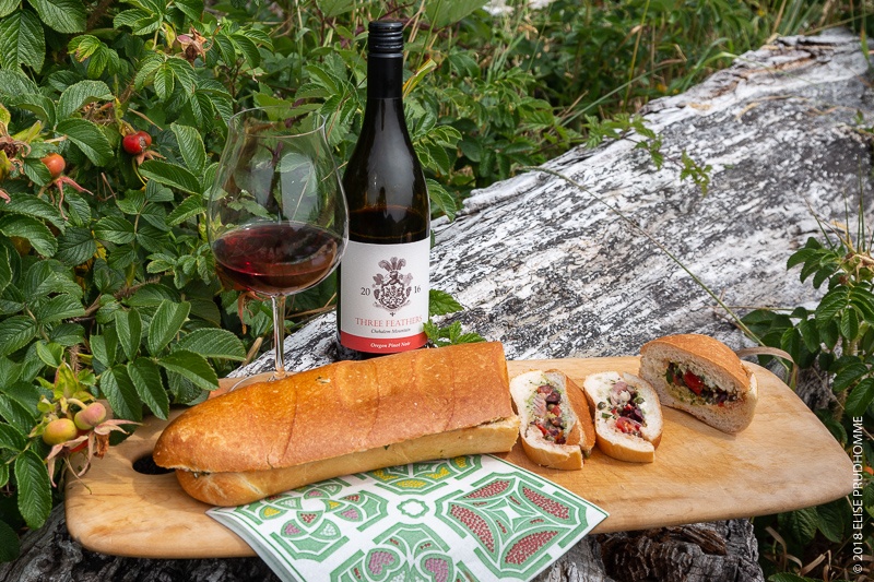 Oregon Coast picnic with Pan Bagnat and Three Feathers Pinot Noi