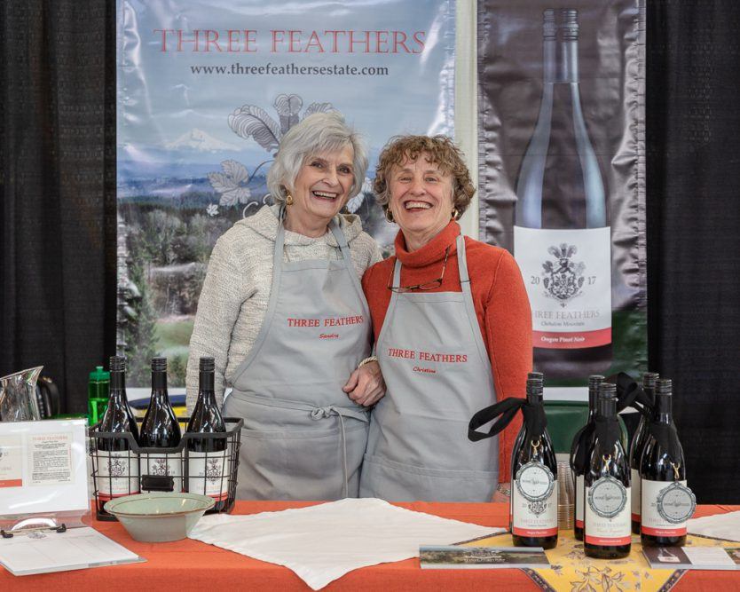 Sandra (left) and Christine (right) representing Three Feathers at the McMinnville Wine & Food Classic 2019.