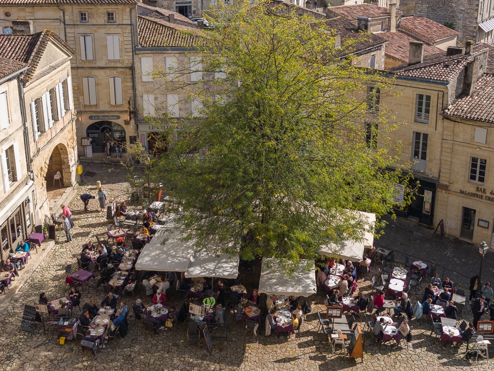 Looking down on the Place du Marche in the medieval town of Saint-Emilion, Bordeaux region, Department of the Gironde, France.
