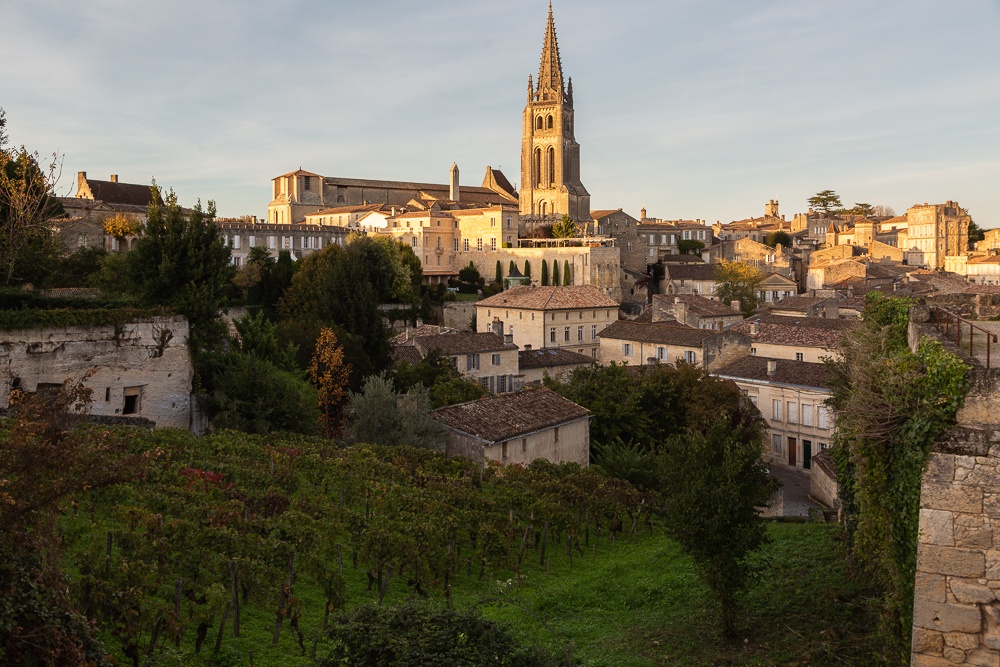 Sunset overview of the town of Saint-Emilion as seen from the King's Tower, Bordeaux region, Department of the Gironde, France.