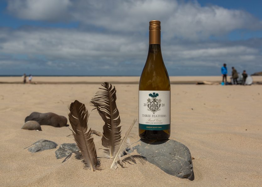 Three Feathers Pinot Gris, 90 point rating with JamesSuckling.com, hanging out at Cannon Beach, Oregon.