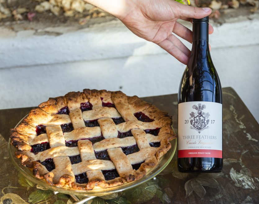 Three Feathers Summer Blackberry Pie from freshly picked blackberries paired with the juicy acidity and tannins of Cuvée Virginia Pinot Noir.