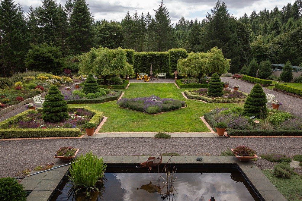 Overview of the formal gardens at Three Feathers