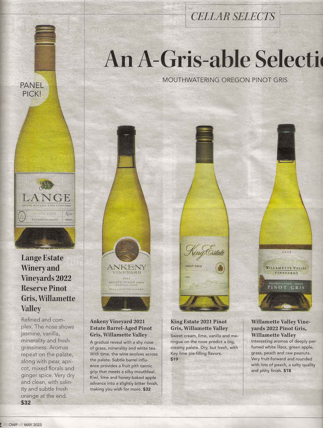 2021 Pinot Gris Featured in the Oregon Wine Press Cellar Selects May 2023