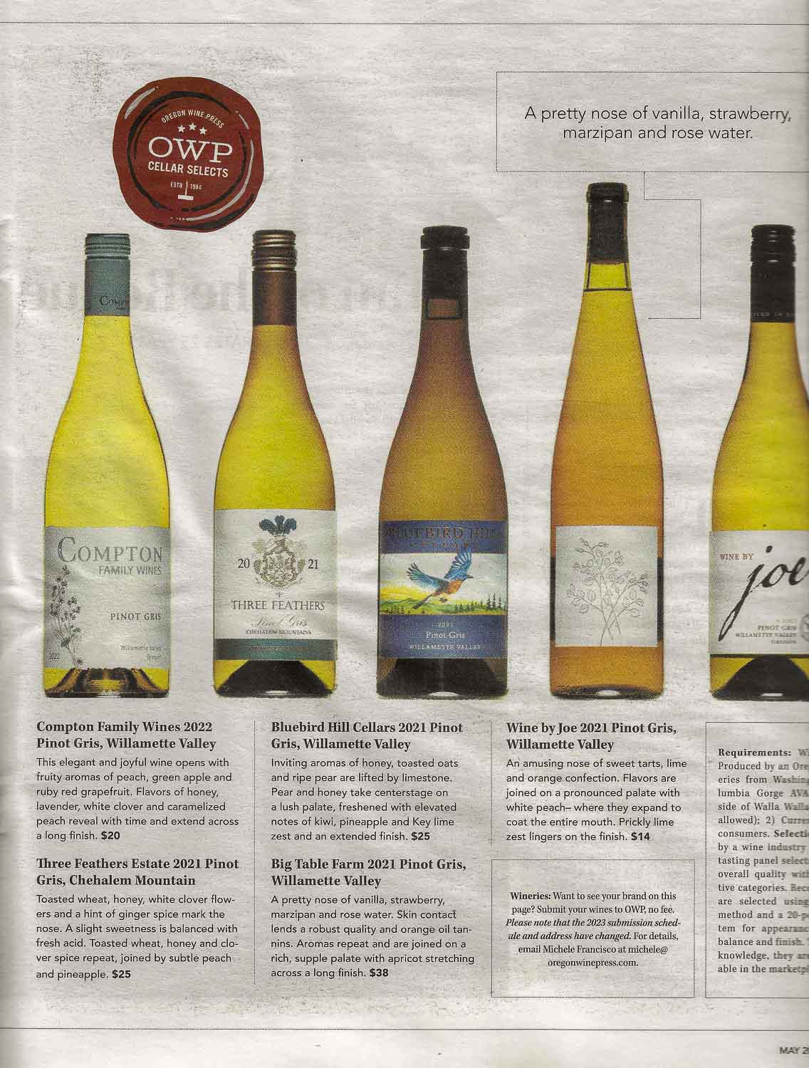 2021 Pinot Gris Featured in the Oregon Wine Press Cellar Selects May 2023