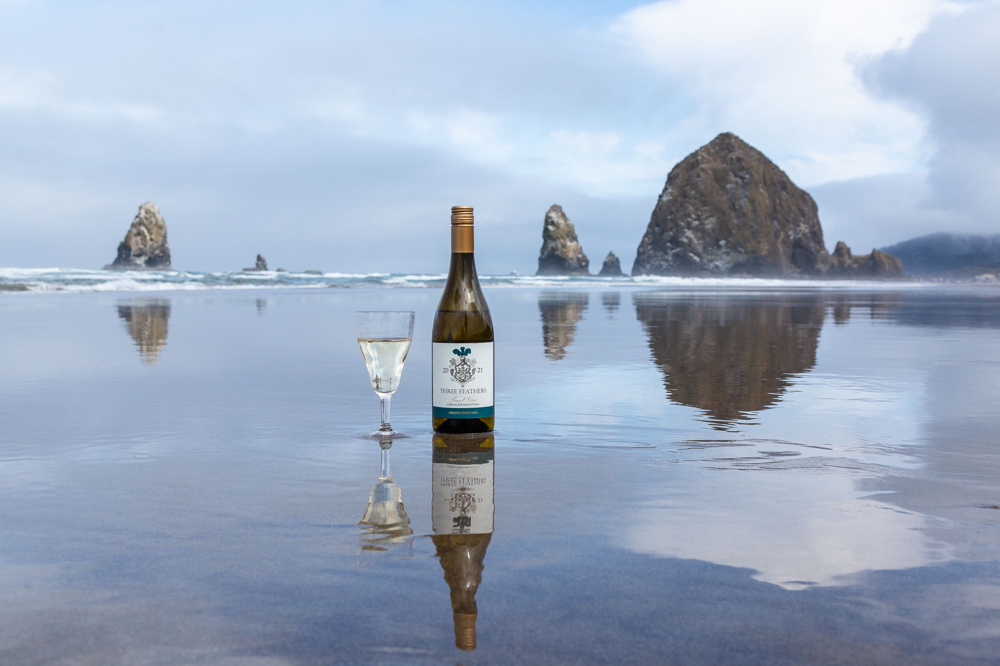Three Featherss 2021 Pinot Gris at Cannon Beach in the tide with Haystack Rock in the background.
