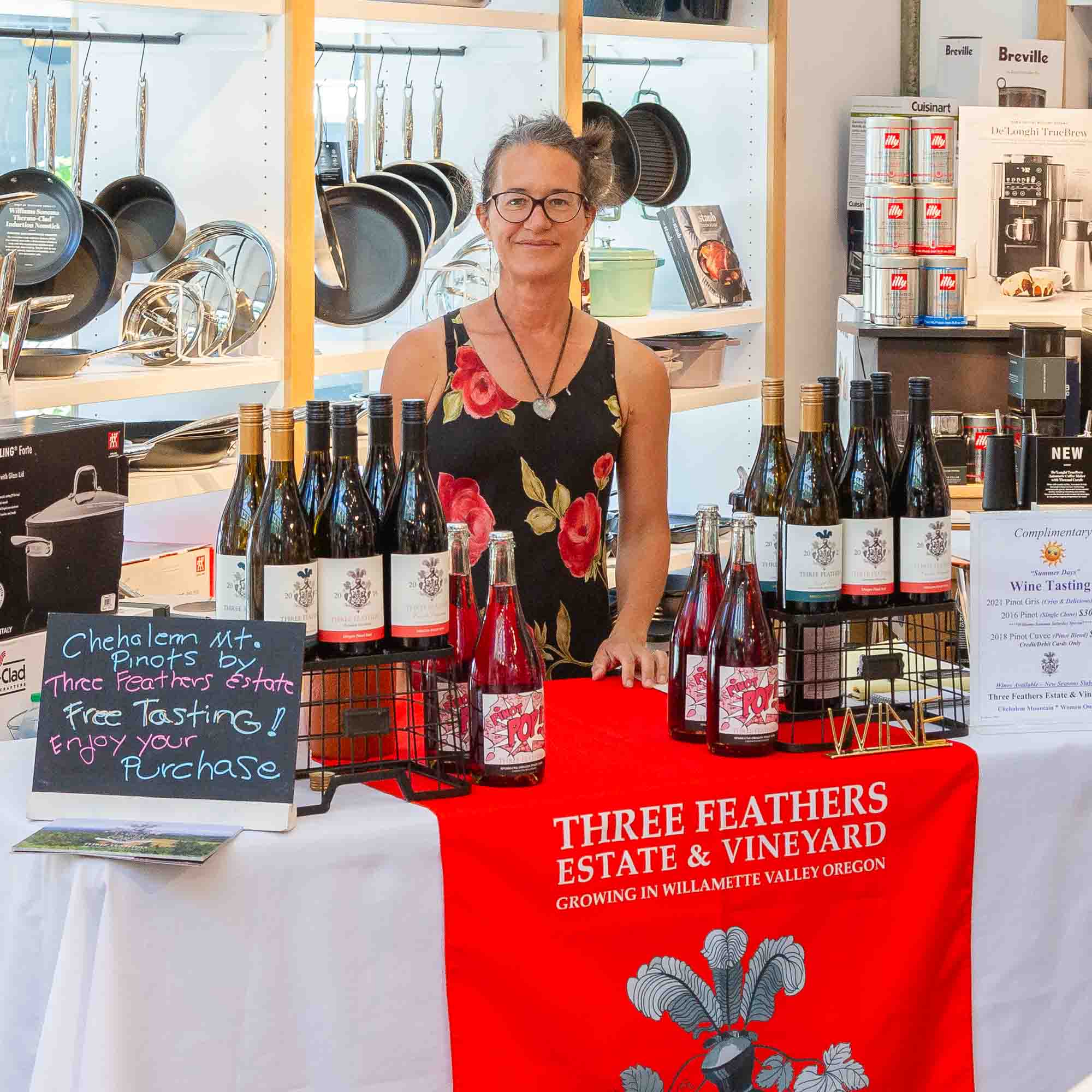 Join us for a Three Feathers Wine Pour at Williams-Sonoma - 9367 SW Washington Square Rd, Tigard, OR 97223.   Enjoy shopping at this premier kitchen store while sampling some of our select Pinot Noir and Pinot Gris.  We are proud to be able to demonstrate our wines at this gorgeous venue!