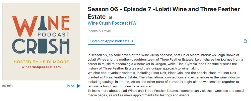 Listen Up! Three Feathers Featured on Wine Crush Podcast - Season 6 Episode 7